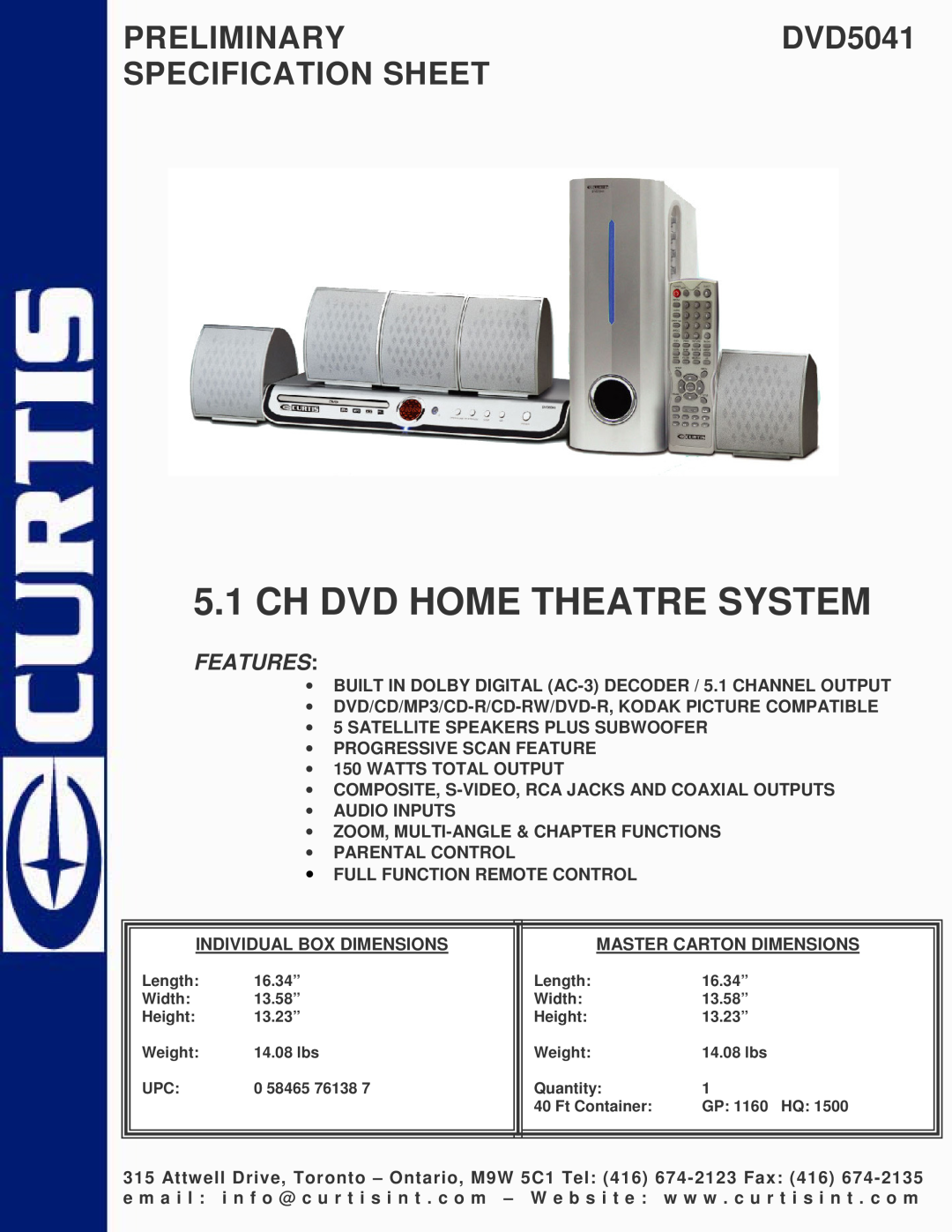 Curtis dvd5041 specifications Ch Dvd Home Theatre System, PRELIMINARYDVD5041 SPECIFICATION SHEET, Features 