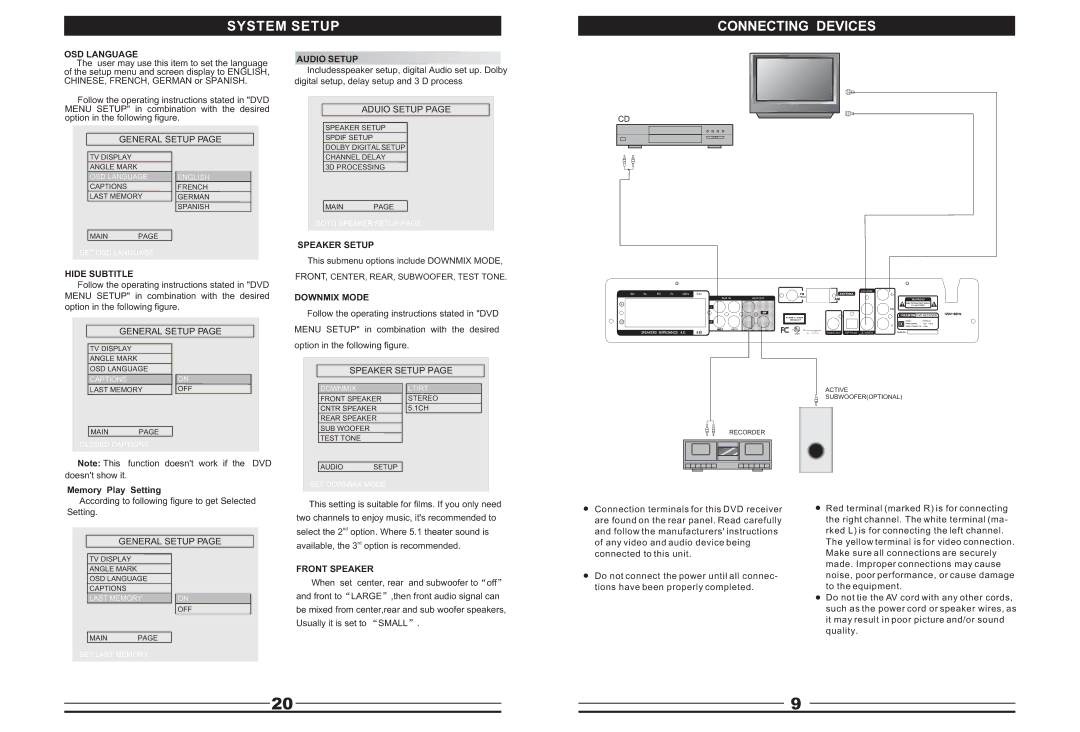 Curtis DVD5045 instruction manual System Setup Connecting Devices 