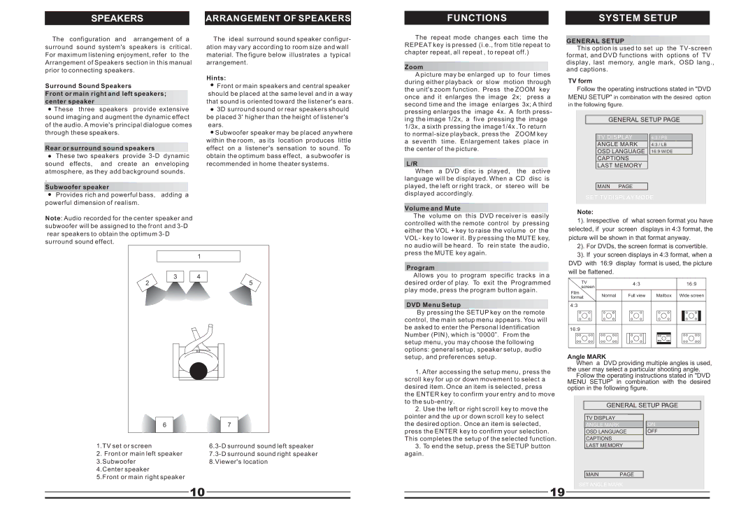 Curtis DVD5045 instruction manual Speakers, Functions System Setup, General Setup 