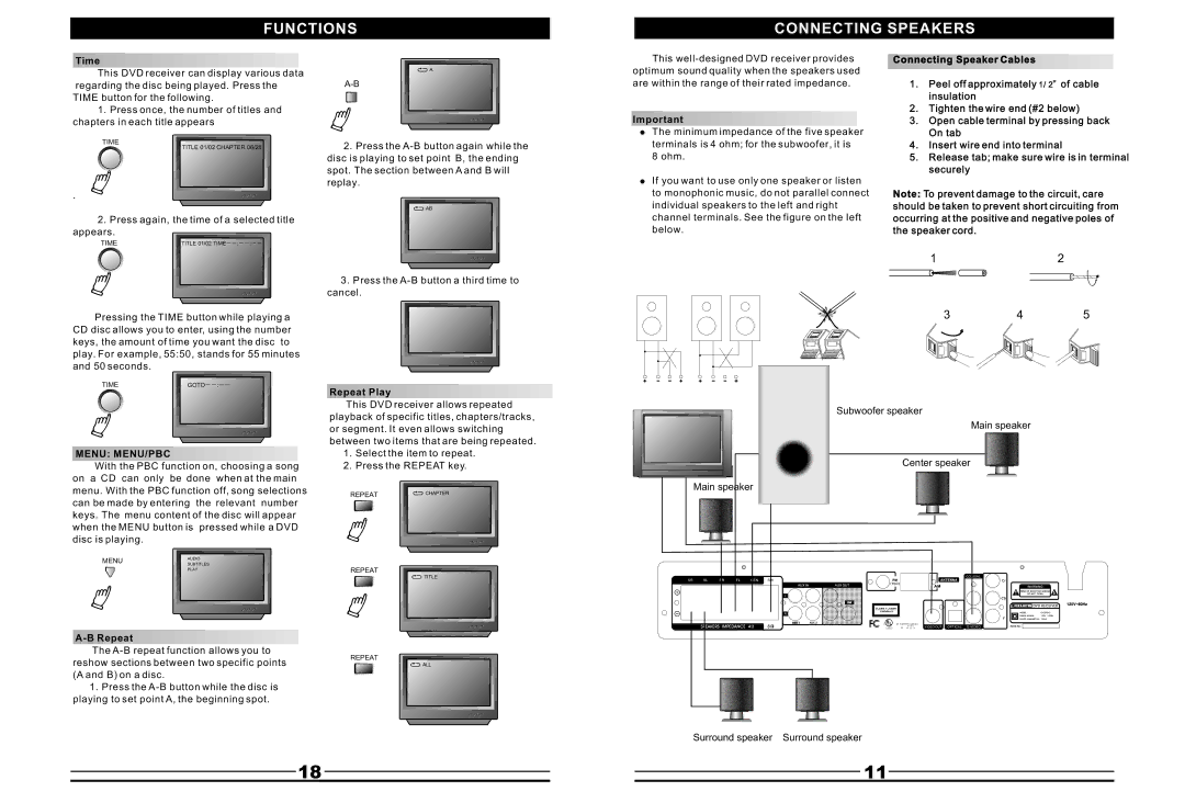 Curtis DVD5045 instruction manual Functions Connecting Speakers, 345, Menu MENU/PBC 