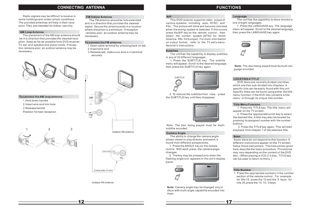 Curtis DVD5045 instruction manual Connecting Antenna Functions, Locating a Title 