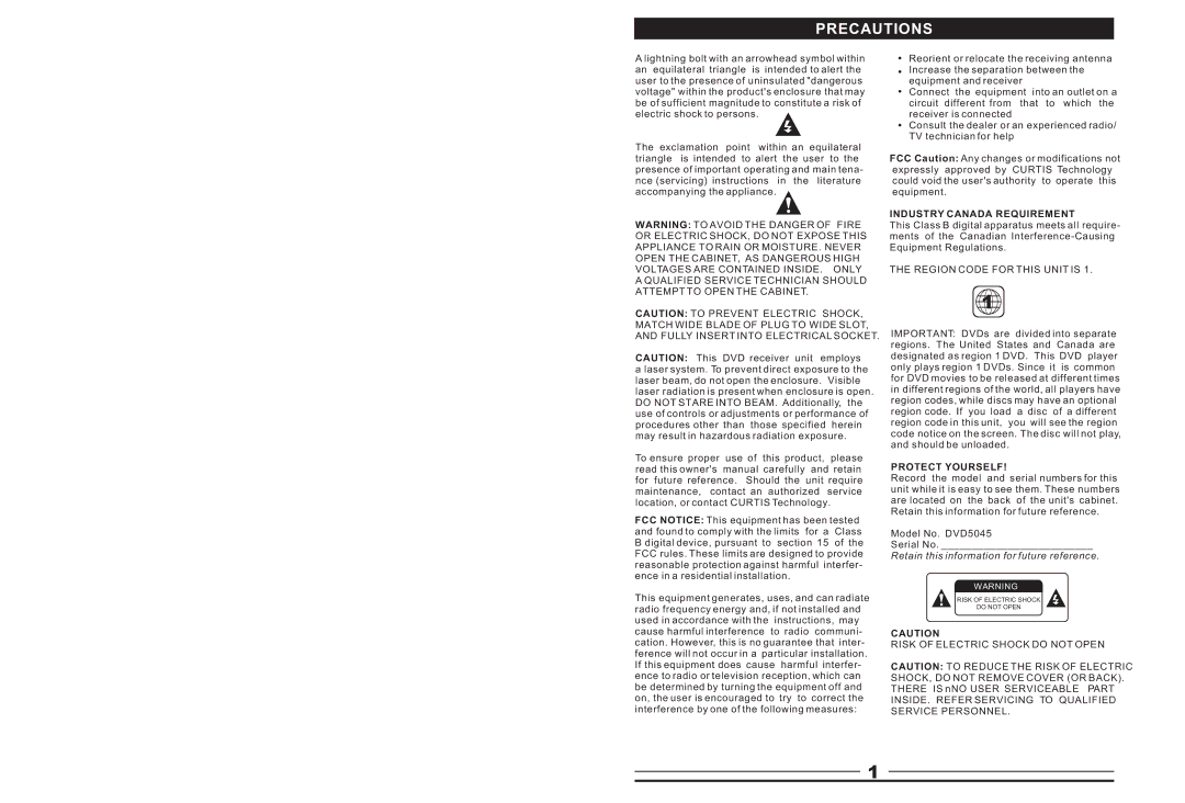 Curtis DVD5045 instruction manual Precautions, Industry Canada Requirement, Region Code for this Unit is, Protect Yourself 