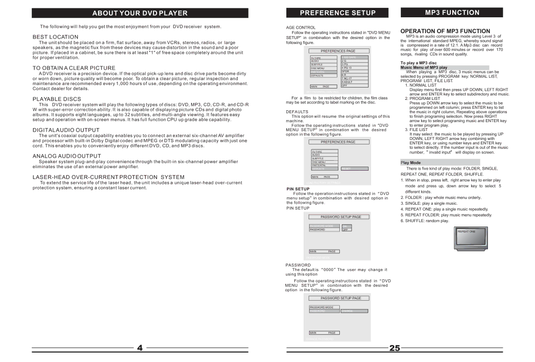 Curtis DVD5045 instruction manual About Your DVD Player Preference Setup MP3 Function, Best Location 