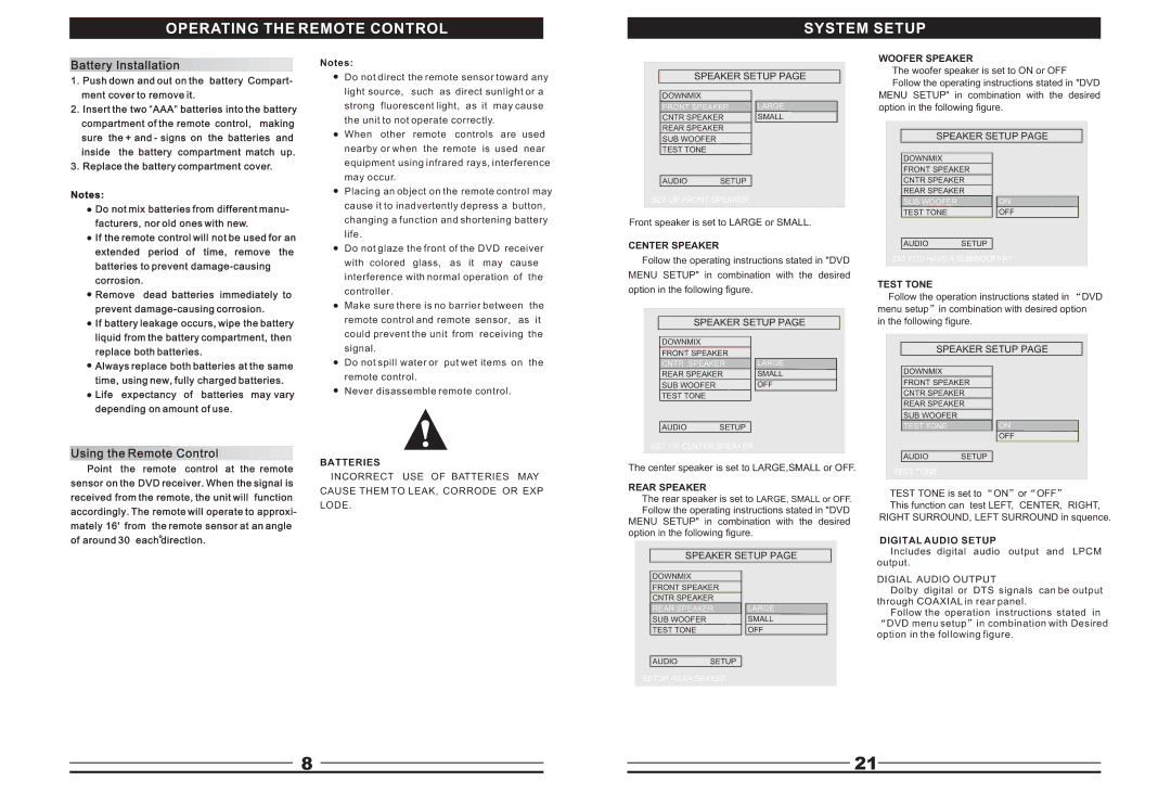 Curtis DVD5045 instruction manual Operating the Remote Control System Setup 