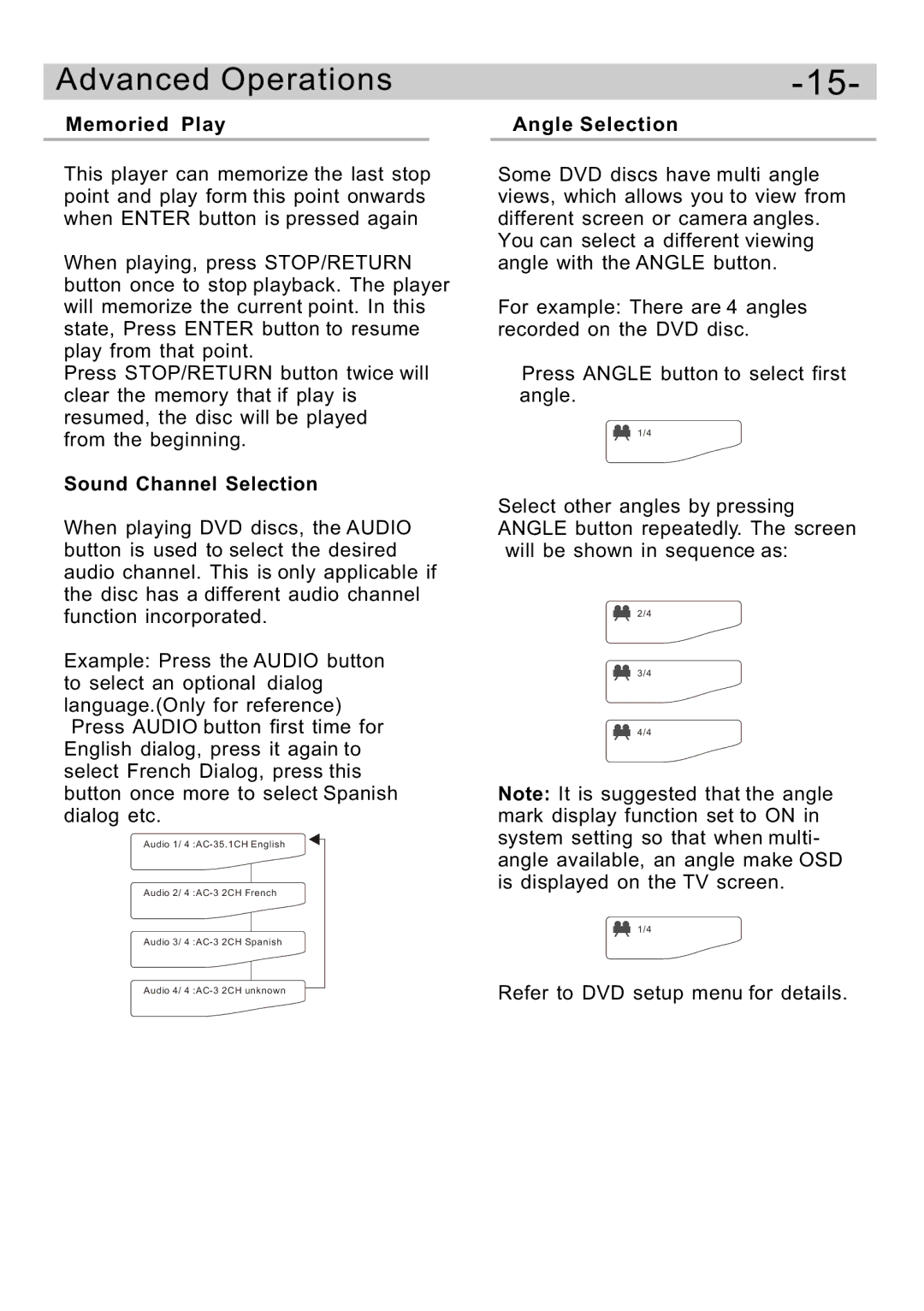 Curtis DVD5091UK user manual Memoried Play Angle Selection, Sound Channel Selection 