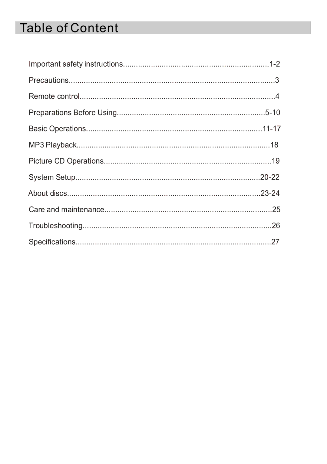 Curtis DVD5091UK user manual Table of Content 