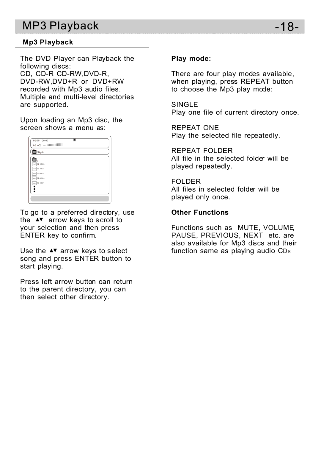 Curtis DVD5091UK user manual Mp3 Playback, Play mode, Other Functions 