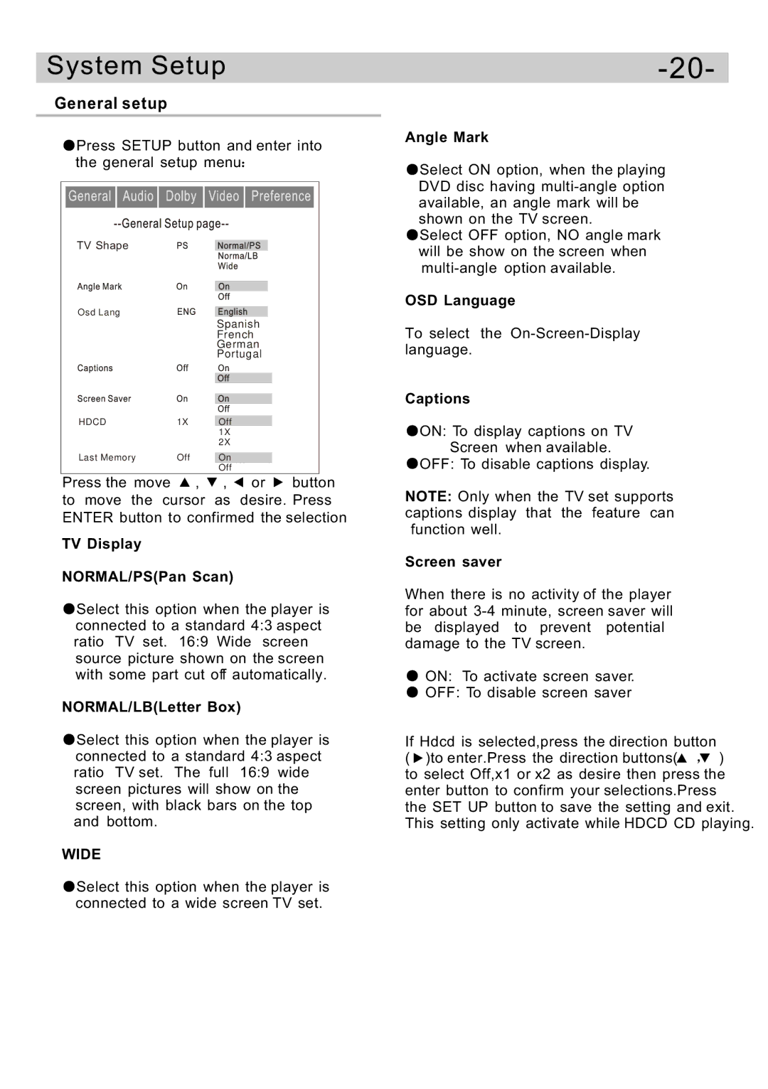 Curtis DVD5091UK user manual System Setup, General setup 