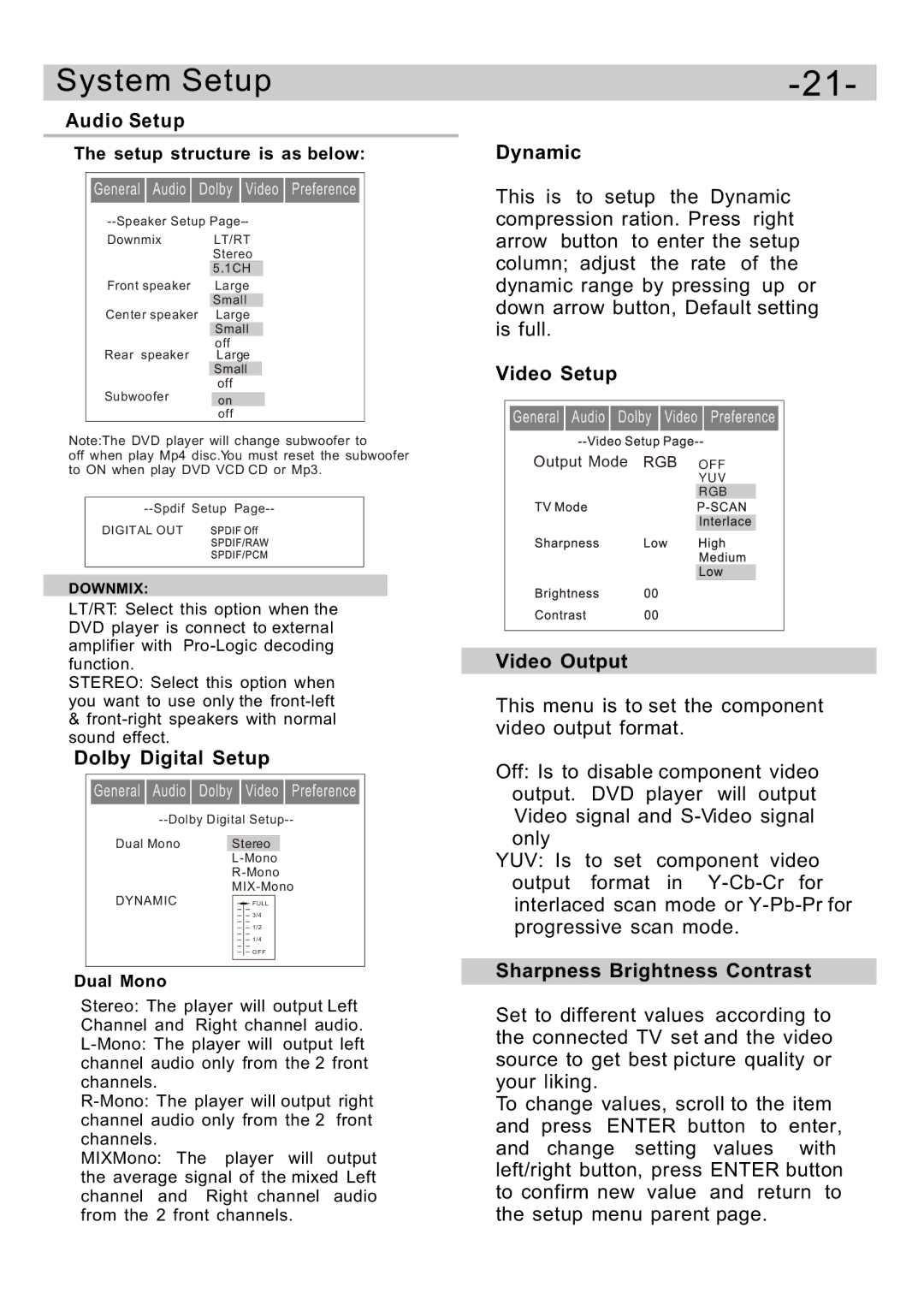 Curtis DVD5091UK Audio Setup, Dolby Digital Setup, Dynamic, Video Setup, Video Output, Sharpness Brightness Contrast 