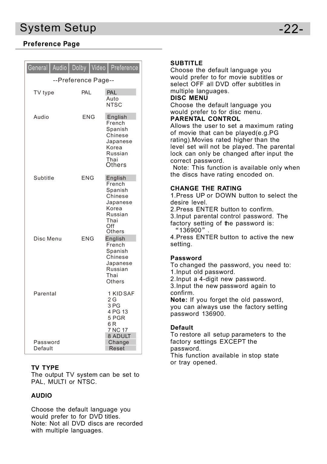 Curtis DVD5091UK user manual Preference, Others 