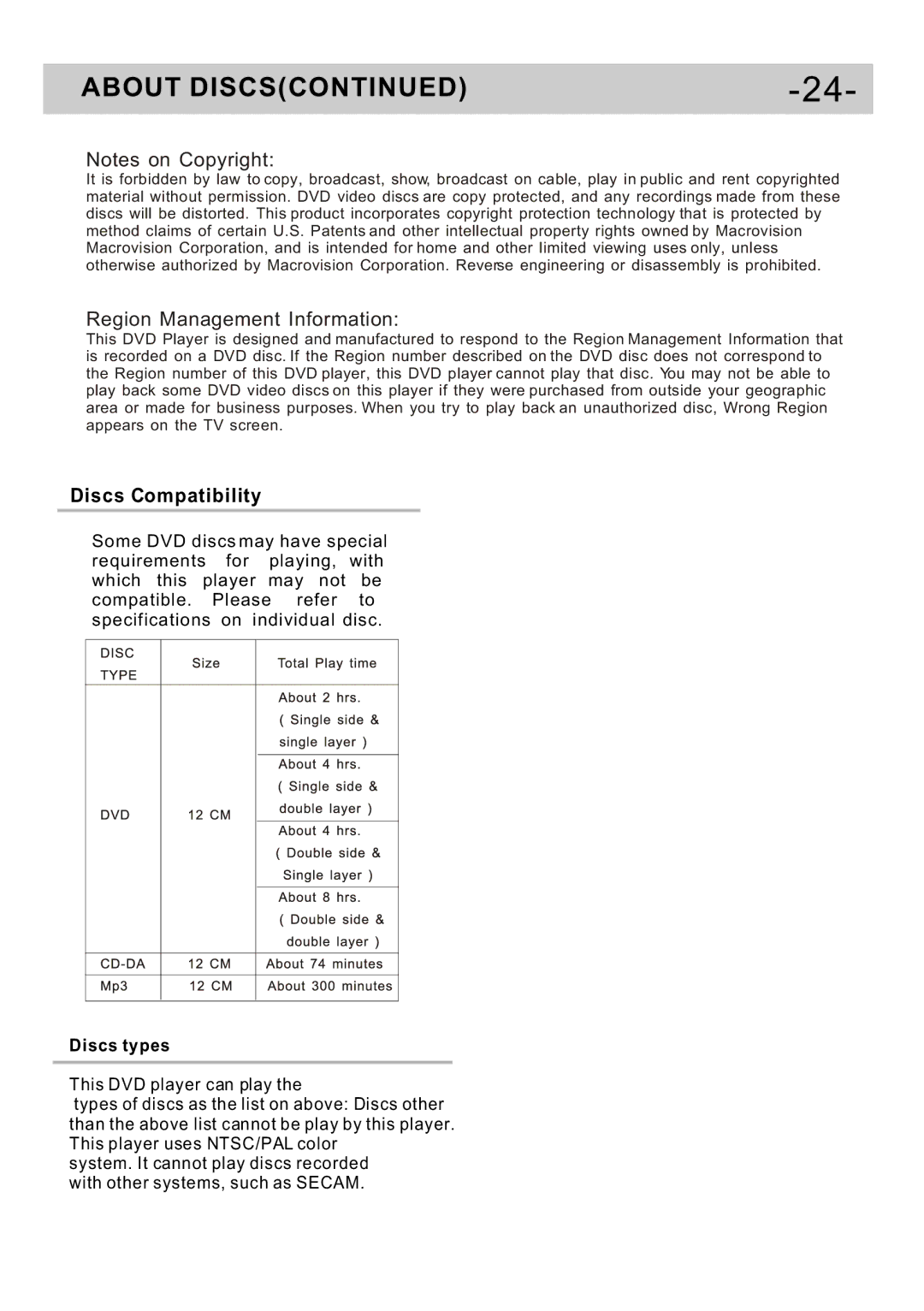 Curtis DVD5091UK user manual Region Management Information, Discs Compatibility 