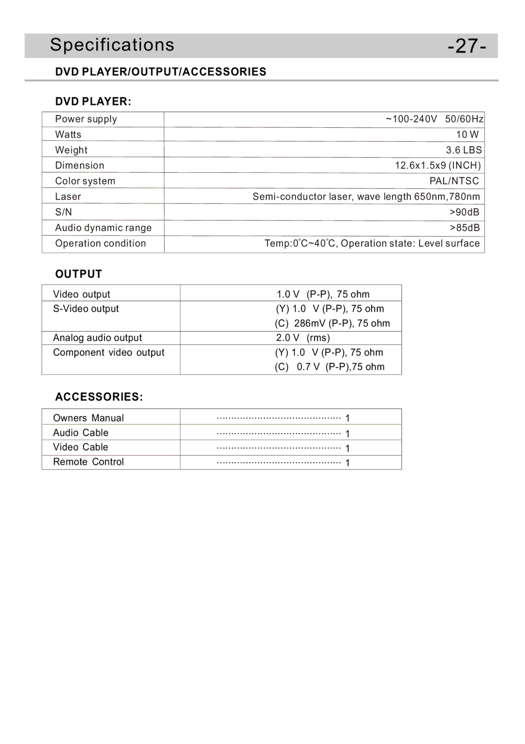 Curtis DVD5091UK user manual Specifications 