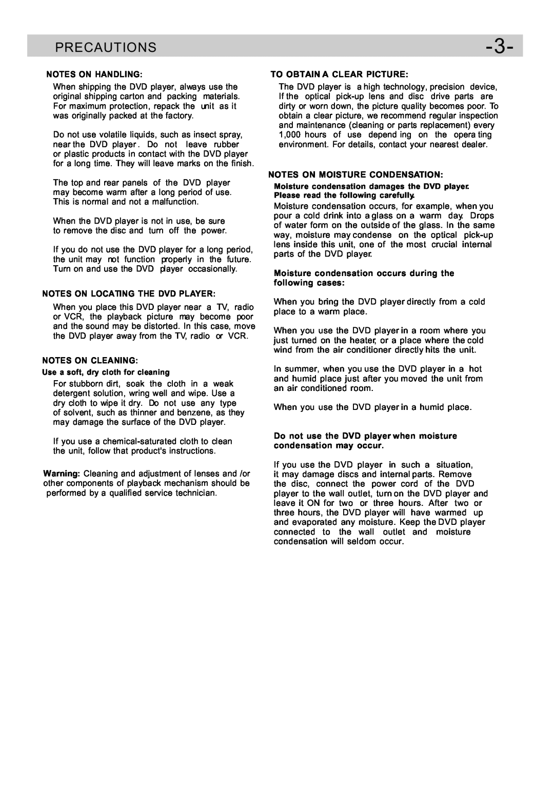 Curtis DVD5091UK user manual Precautions, Notes On Handling, Notes On Locating The Dvd Player, Notes On Cleaning 