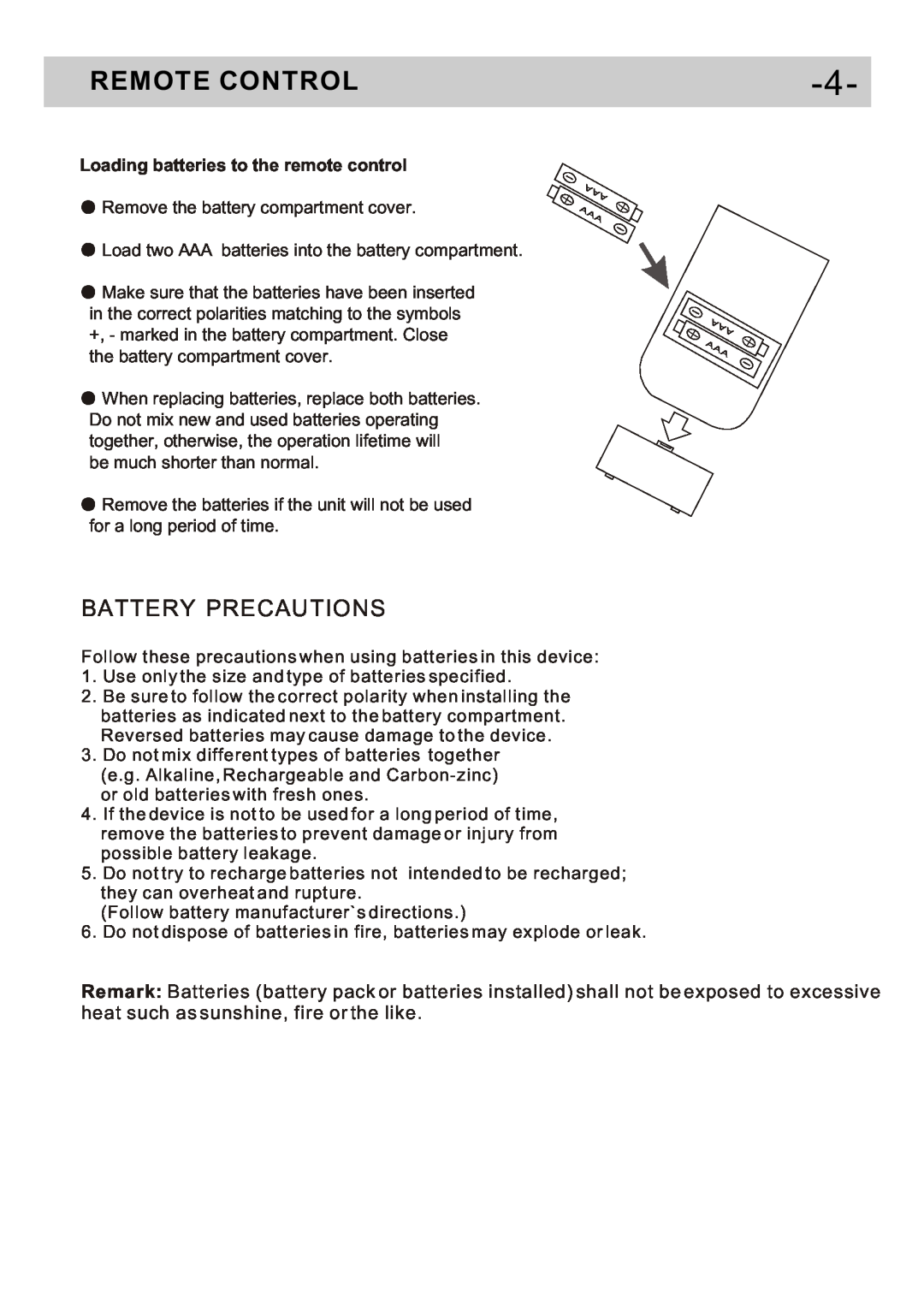 Curtis DVD5091UK user manual Remote Control, Battery Precautions, Loading batteries to the remote control 