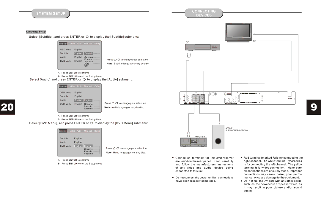 Curtis DVD6040 instruction manual Connecting Devices, Language Video Audio More Aud Rating 