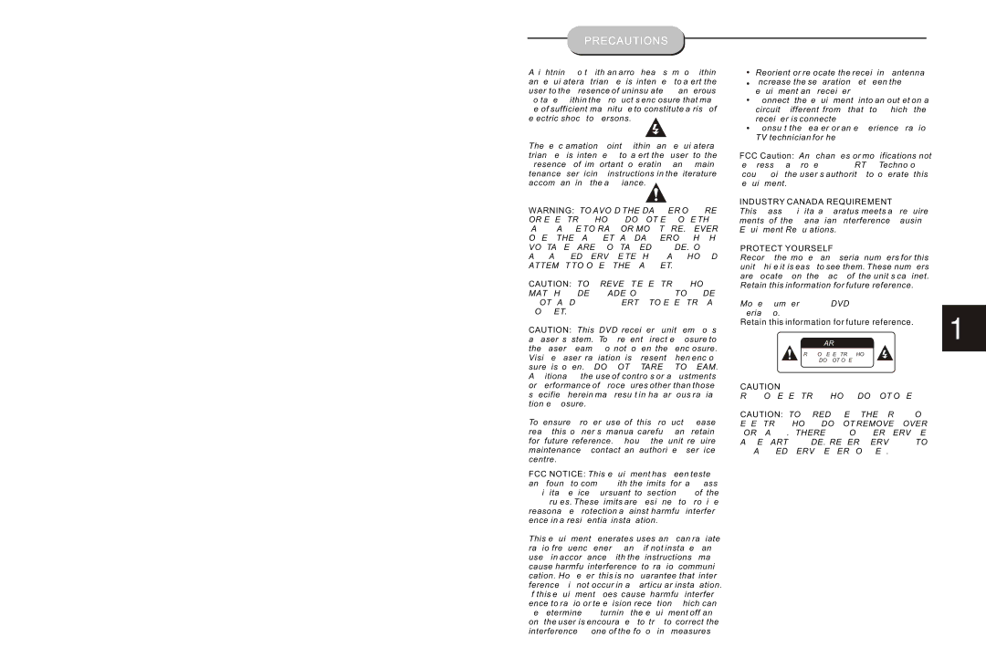 Curtis DVD6040 instruction manual Precautions, Industry Canada Requirement, Protect Yourself 