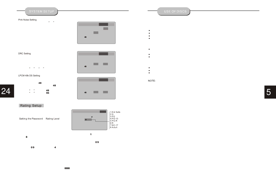 Curtis DVD6040 instruction manual System Setup USE of Discs, Pink Noise Setting, DRC Setting, Lpcm 48k DS Setting 