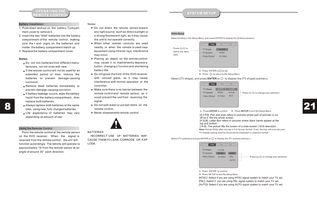 Curtis DVD6040 instruction manual Operating Remote Control, Video Setup 