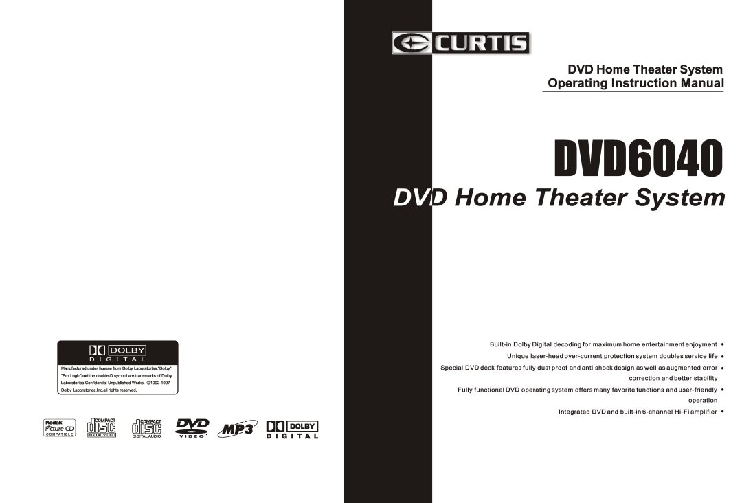 Curtis DVD6040 instruction manual DV Home Theater System, DVD Home Theater System Operating Instruction Manual 