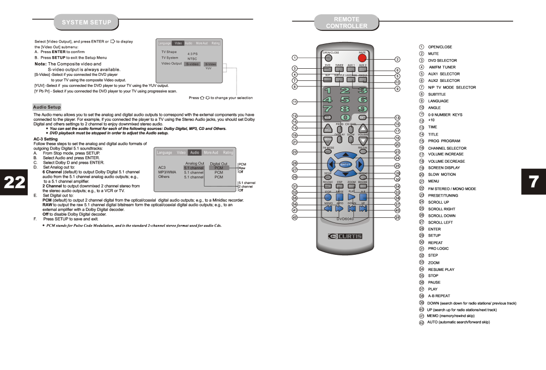 Curtis DVD6040 Remote Controller, Note The Composite video and, S-video output is always available, Audio Setup 