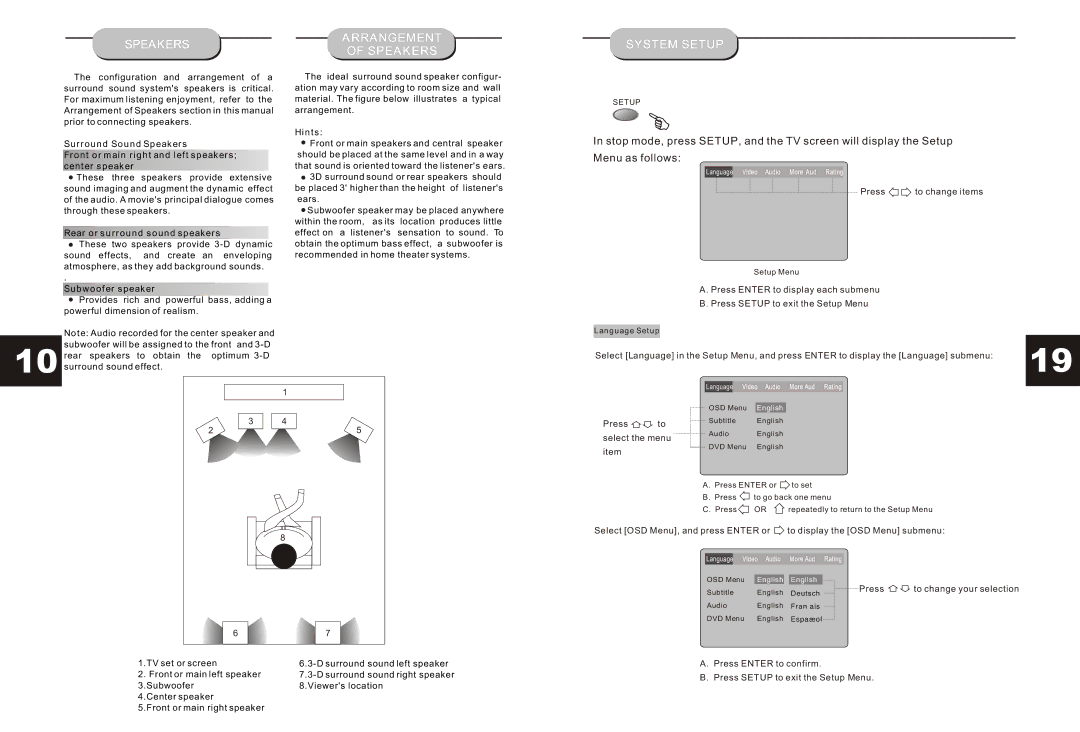 Curtis DVD6041 Arrangement Speakers System Setup, Rear or surround sound speakers, Hints, Subwoofer speaker 