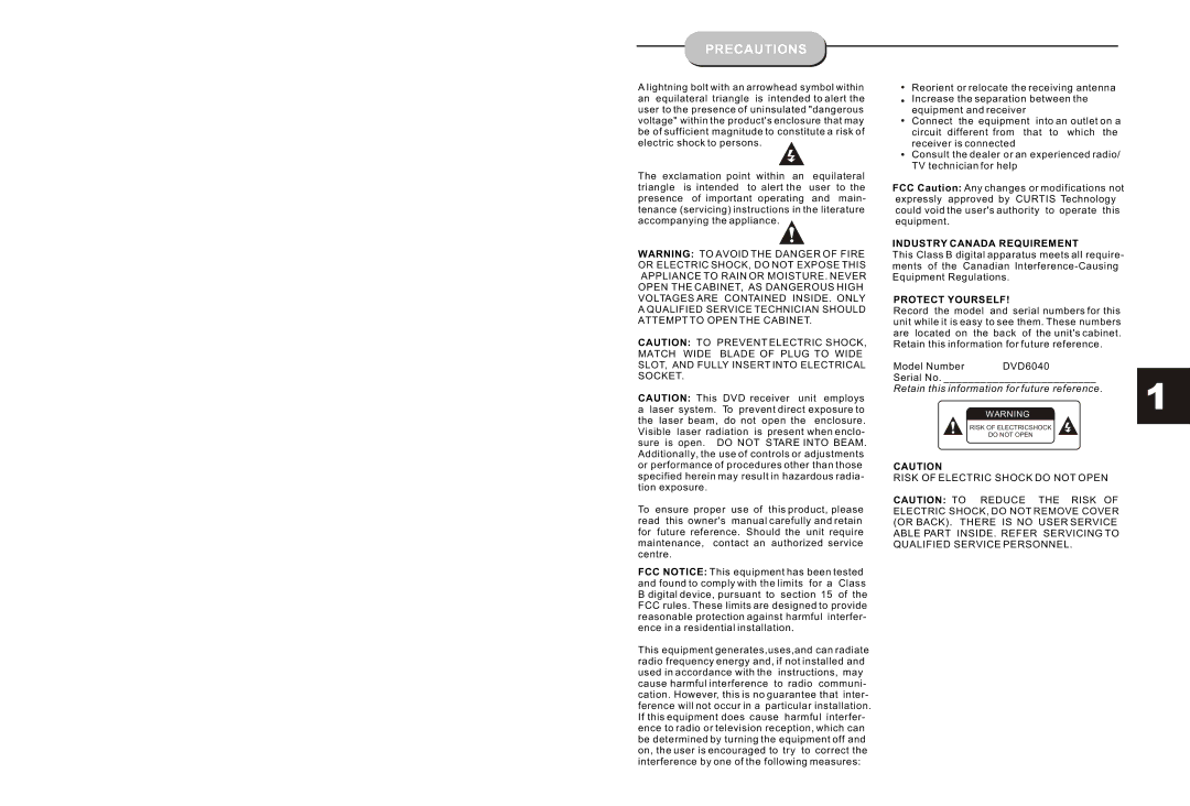 Curtis DVD6041 instruction manual Precautions, Industry Canada Requirement, Protect Yourself 