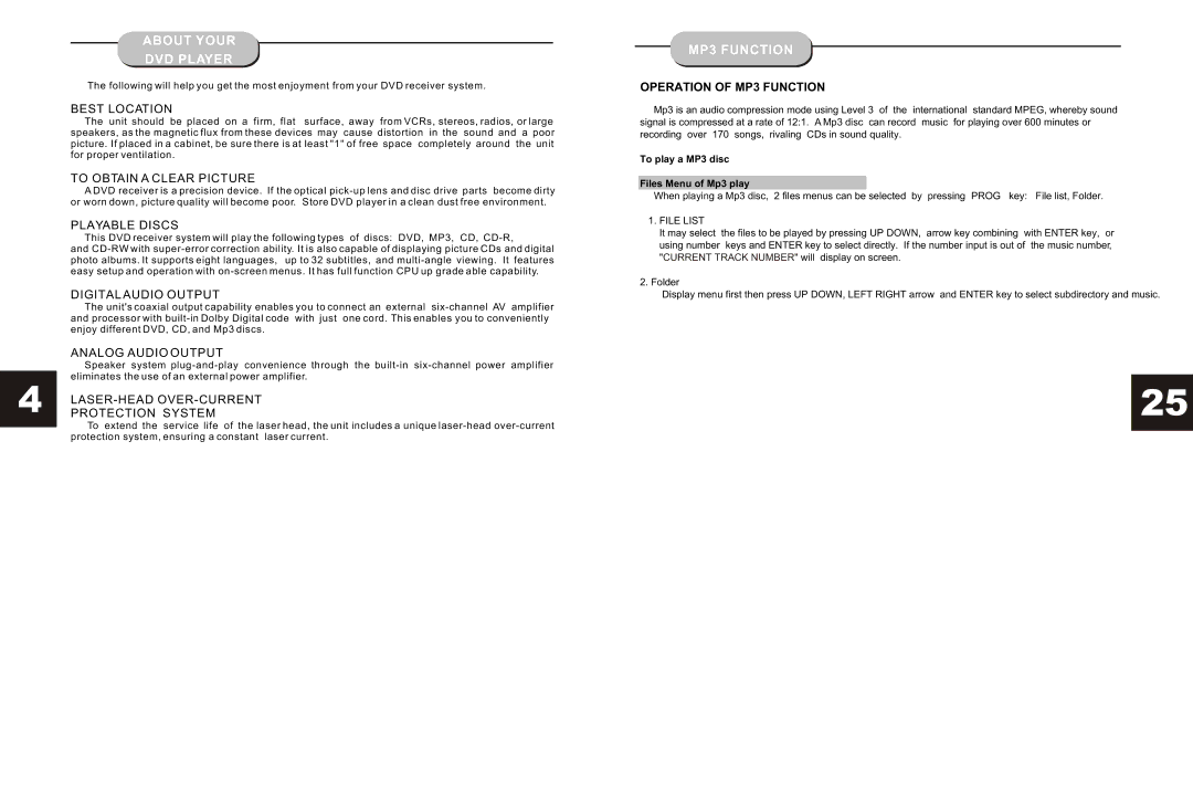 Curtis DVD6041 instruction manual About Your DVD Player, MP3 Function, To play a MP3 disc Files Menu of Mp3 play 