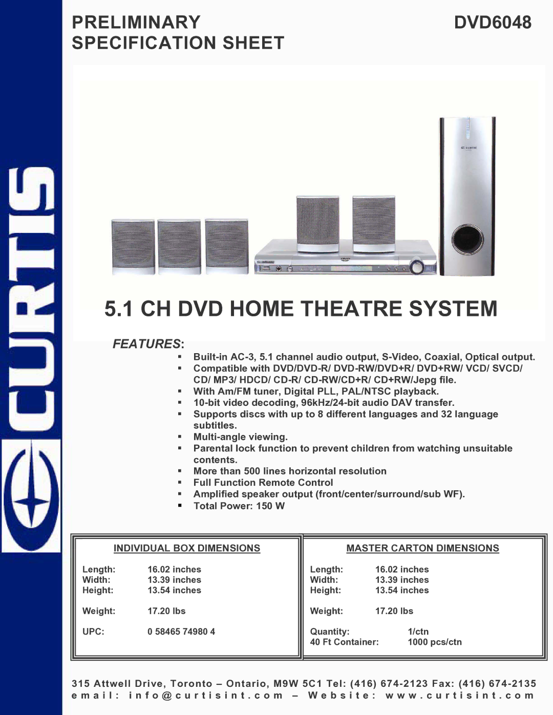 Curtis DVD6048 specifications CH DVD Home Theatre System, Features, Individual BOX Dimensions Master Carton Dimensions 