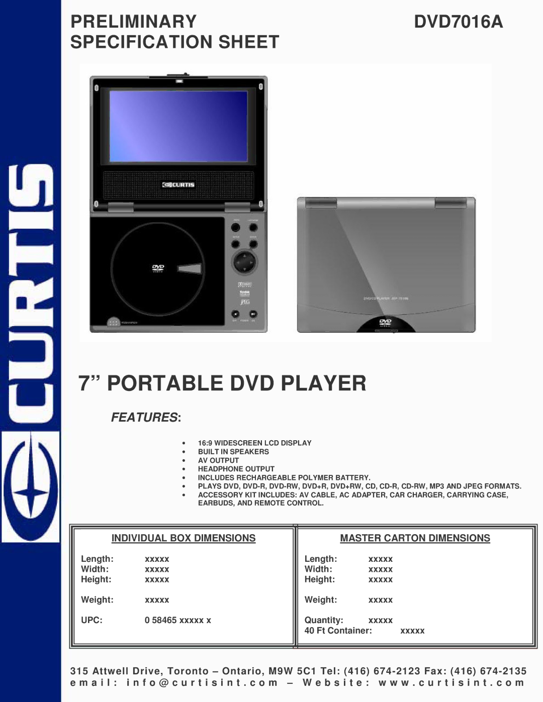 Curtis DVD7016A specifications Portable DVD Player, Features, Individual BOX Dimensions Master Carton Dimensions 