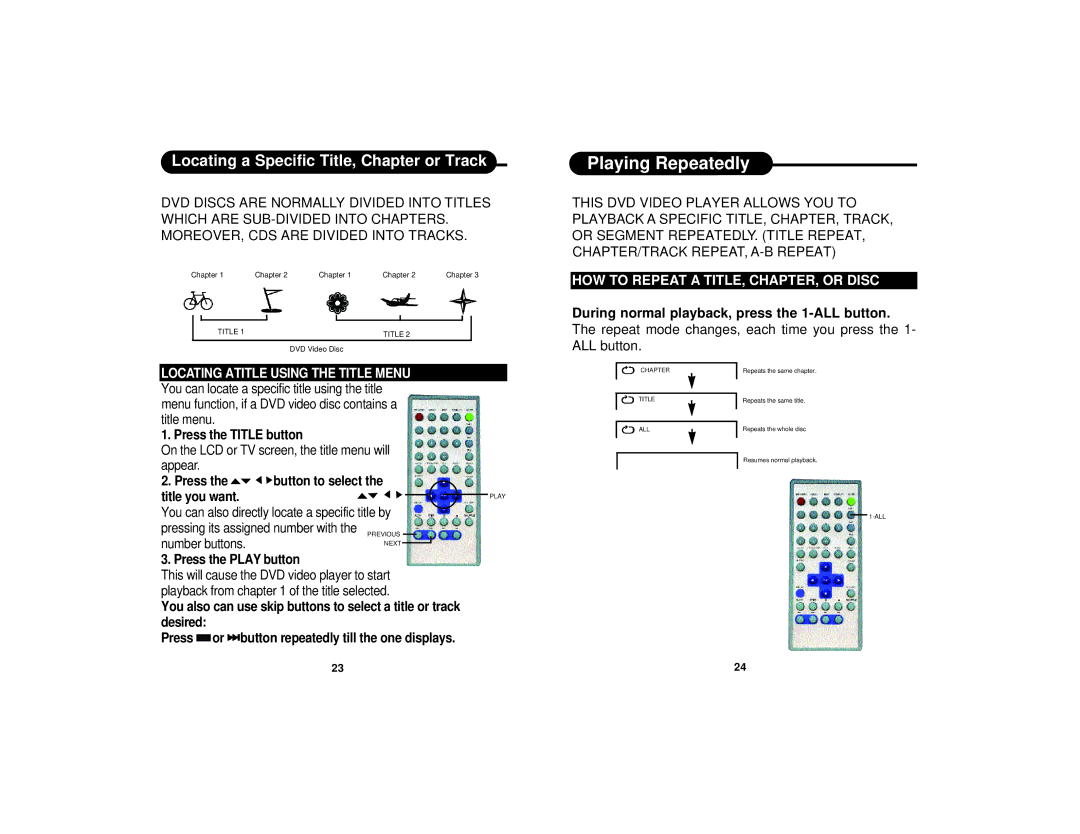 Curtis Dvd8007b manual Playing Repeatedly, Locating Atitle Using the Title Menu, HOW to Repeat a TITLE, CHAPTER, or Disc 