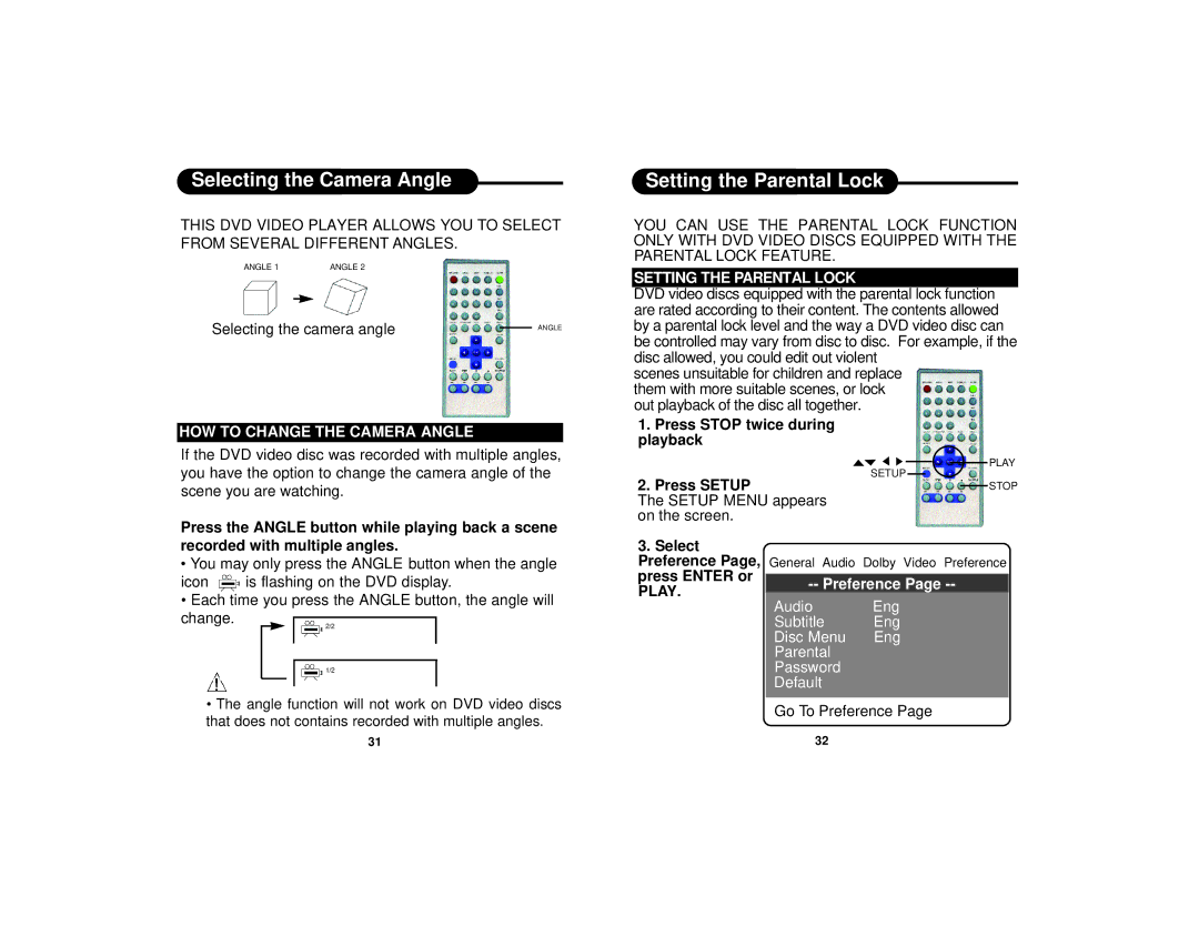 Curtis Dvd8007b manual Selecting the Camera Angle, Setting the Parental Lock, HOW to Change the Camera Angle 