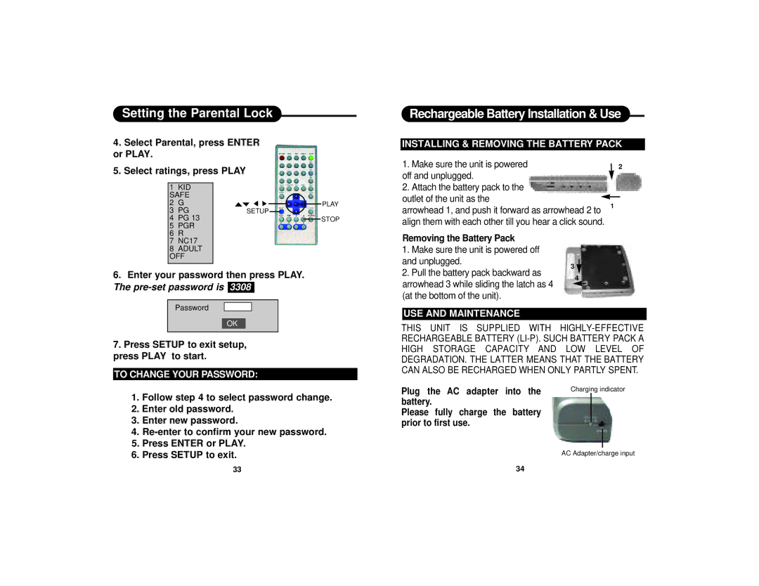 Curtis Dvd8007b Rechargeable Battery Installation & Use, To Change Your Password, Installing & Removing the Battery Pack 