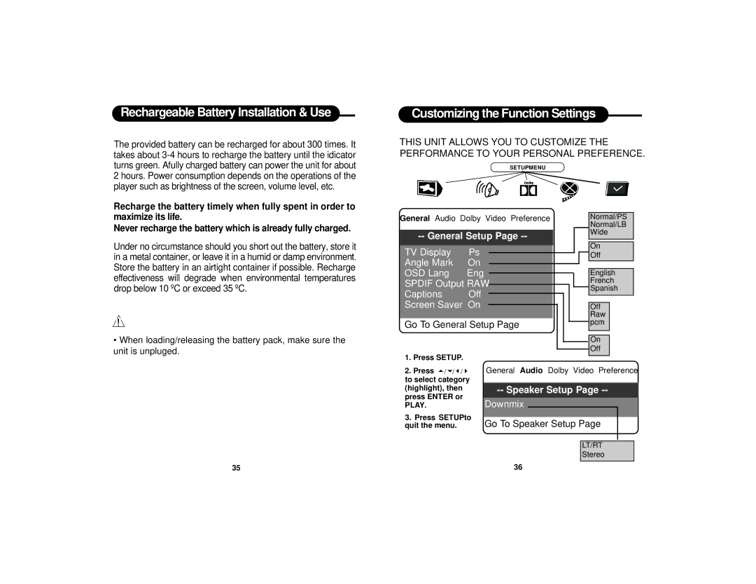 Curtis Dvd8007b manual Customizing the Function Settings, General Setup 