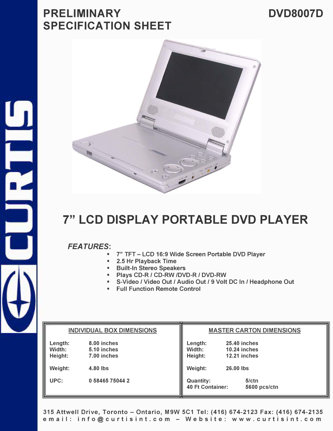 Curtis DVD8007D specifications LCD Display Portable DVD Player, Features 