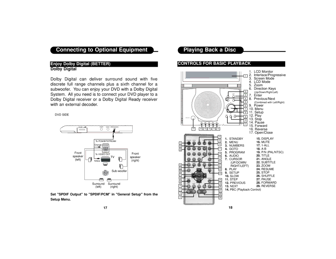 Curtis DVD8400 manual Playing Back a Disc, Dolby Digital, Controls for Basic Playback 