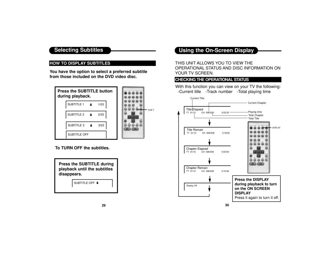 Curtis DVD8400 Selecting Subtitles, Using the On-Screen Display, HOW to Display Subtitles, Checking the Operational Status 