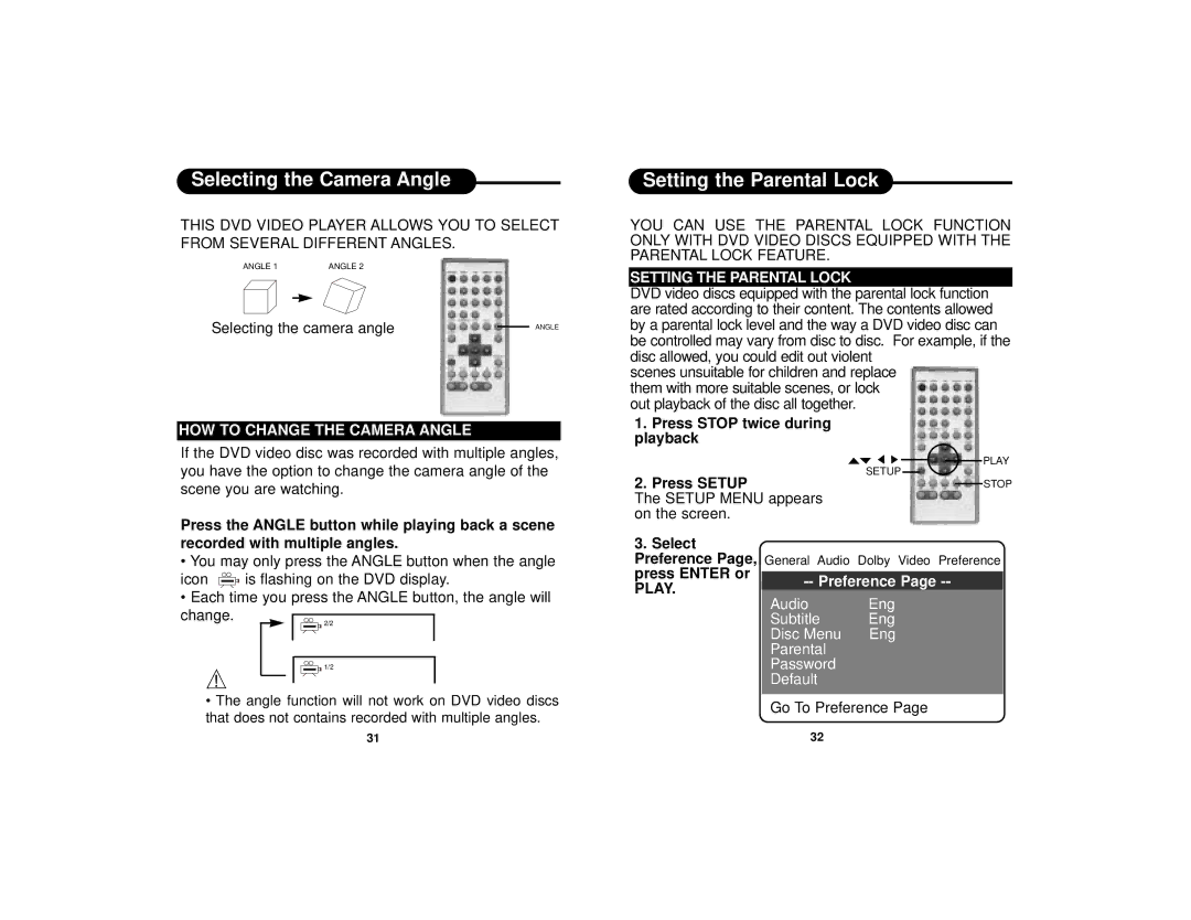 Curtis DVD8400 manual Selecting the Camera Angle, Setting the Parental Lock, HOW to Change the Camera Angle, Play 