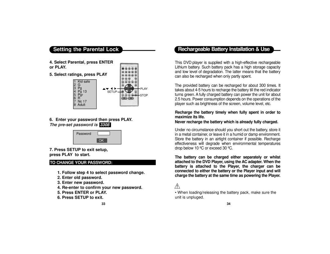 Curtis DVD8400 manual Rechargeable Battery Installation & Use, Enter your password then press Play, To Change Your Password 