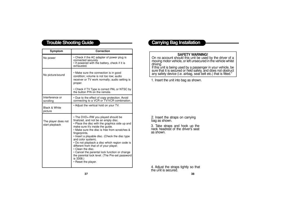 Curtis DVD8400 manual Trouble Shooting Guide, Carrying Bag Installation 