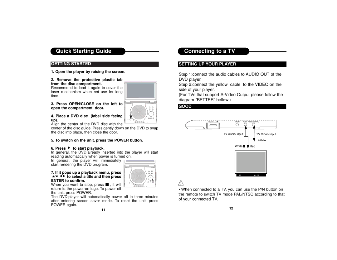 Curtis DVD8400 manual Connecting to a TV, Getting Started, Setting UP Your Player, Good 