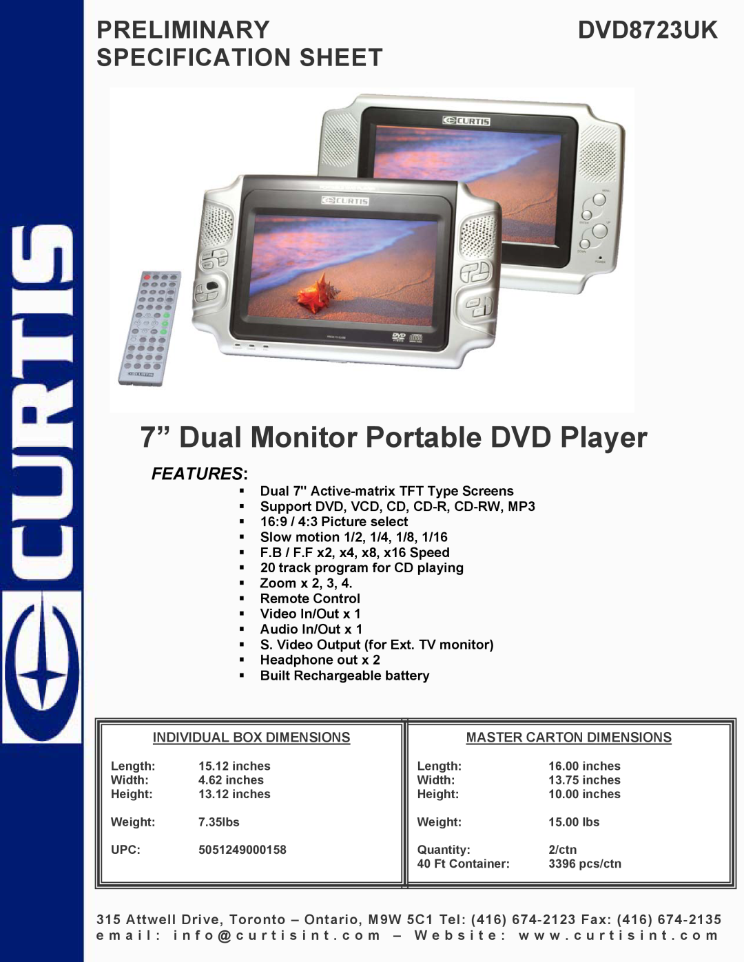 Curtis specifications 7” Dual Monitor Portable DVD Player, PRELIMINARYDVD8723UK SPECIFICATION SHEET, Features 