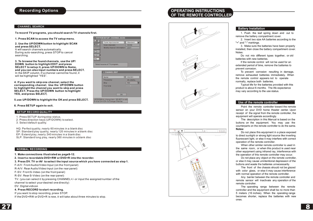 Curtis DVDR5000 manual Channel Search, To record TV programs, you should search TV channels first, Setup Record Quality 