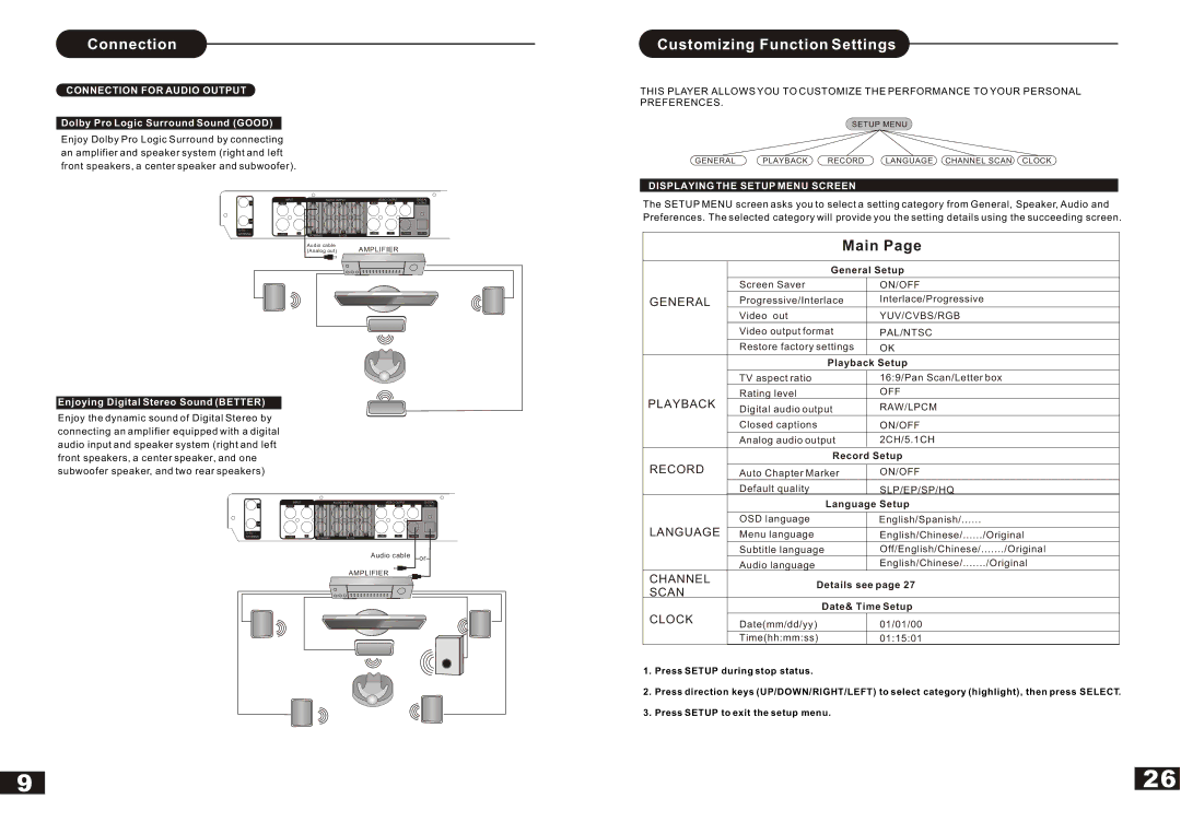 Curtis DVDR5000 Connection Customizing Function Settings, Connection for Audio Output, Displaying the Setup Menu Screen 