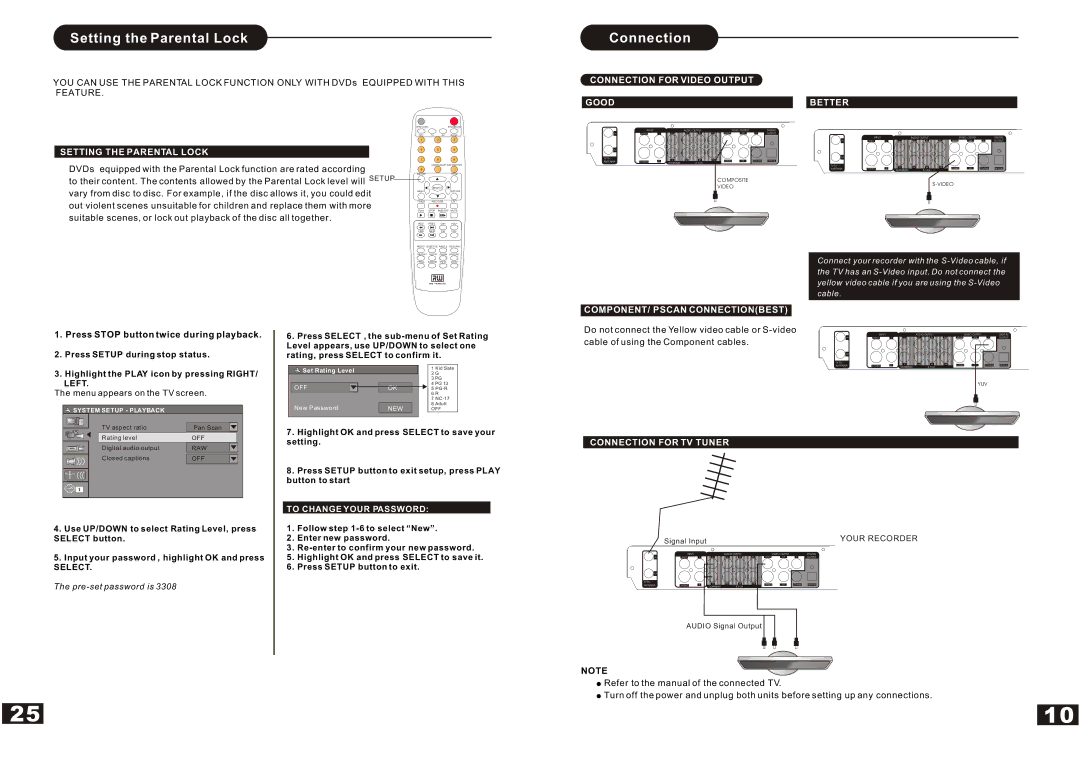 Curtis DVDR5000 manual Setting the Parental Lock, Connection, Menu appears on the TV screen, To Change Your Password 