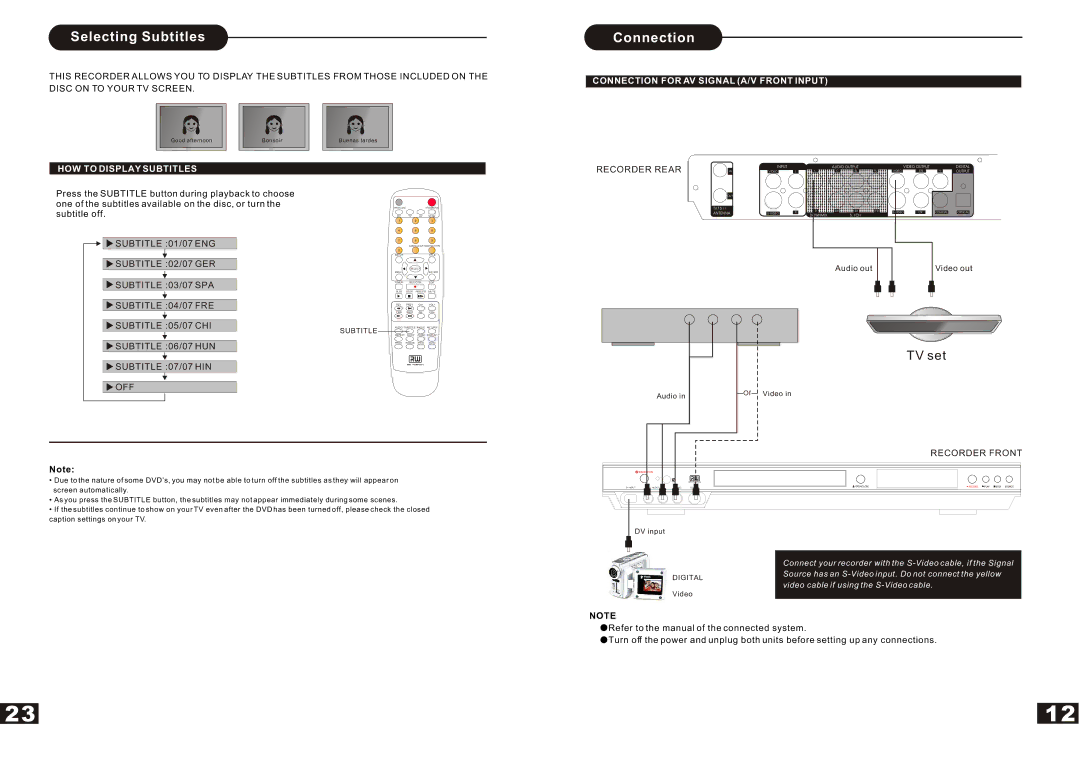 Curtis DVDR5000 Selecting Subtitles, Connection for AV Signal A/V Front Input, HOW to Display Subtitles, Subtitle off 