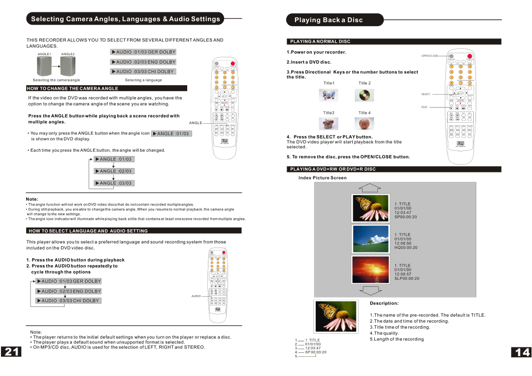 Curtis DVDR5000 manual Selecting Camera Angles, Languages & Audio Settings, Playing Back a Disc, Playing a Normal Disc 