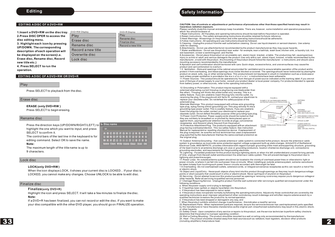 Curtis DVDR5000 manual Safety Information, Editing a Disc of a DVD+RW or DVD+R, Finalizeonly DVD+R 