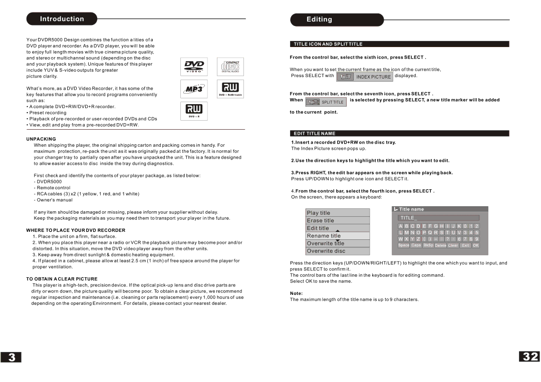 Curtis DVDR5000 manual Introduction Editing, Title Icon and Split Title, Edit Title Name 