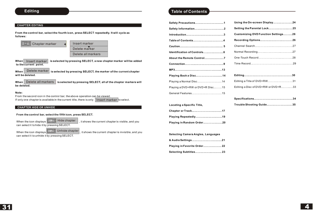 Curtis DVDR5000 manual Table of Contents 