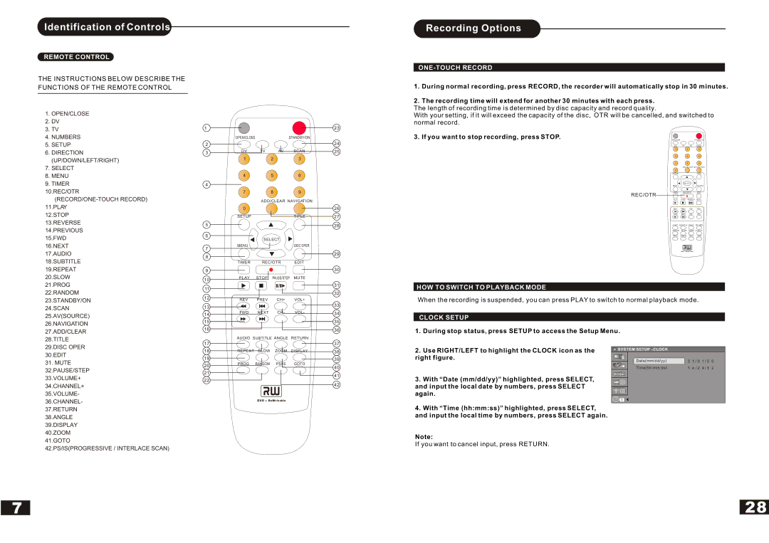 Curtis DVDR5000 manual Remote Control, ONE-TOUCH Record, If you want to stop recording, press Stop, Clock Setup 